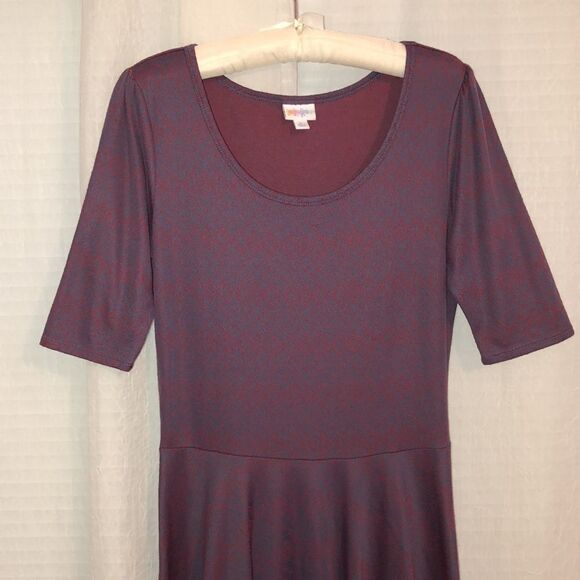 LuLaRoe Nicole L Indigo Red Quarter Puff Sleeve Fit and Flare A-Line Dress - Picture 3 of 13